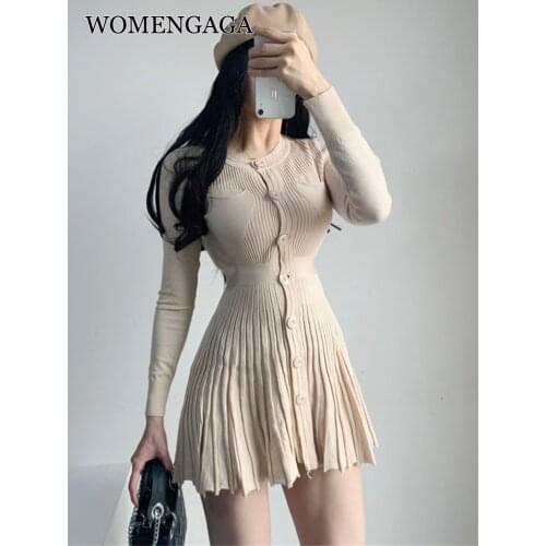 WOMENGAGA 2020 Spring Summer New Fashion Sexy Sheath Girl Female Knitting Fold Korea Full Sleeve Womens Dress Dresses Button E15