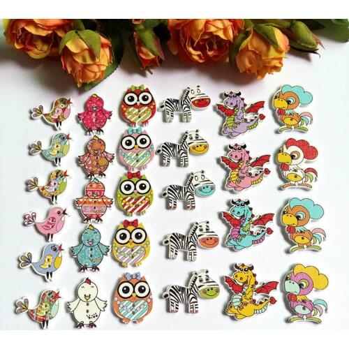 50PCs 2 Holes Wood Buttons Scrapbooking Sewing DIY Multicolor Cute Cartoon Shape Decorative Buttons For Crafts