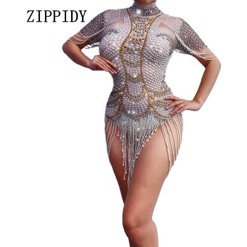 Shining Rhinestones Pearls Bodysuit Sexy Stretch Dance Leotard Costume Performance Party Celebrate Stage Show Stones Wear