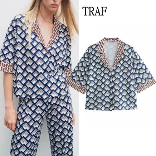 TRAF Za 2021 Summer Blouses Women Top Print Short Sleeve Buttons Shirts Woman Clothing Vintage Loose Women Tops And Bloues
