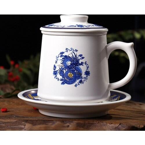 Jingdezhen Ceramic Filter Tea Cup Porcelain Office Coffee Mug Household Breakfast Milk Cup with Lid and Saucer Set Drinkware