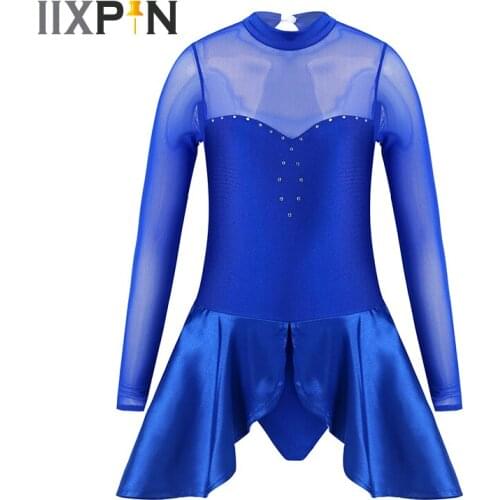 Kids Figure Skating Dress Girls Dancewear Long Sleeve See Through Mesh Patchwork Gymnastics Ballet Leotard Dress Dance Jumpsuit