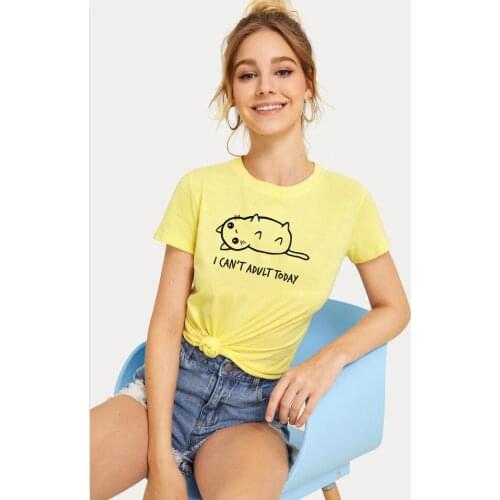 I Can't Adult Today Lovely Cat Letter Print T Shirt Women O Neck Short Sleeve Summer T-Shirt Tops Fashion Tumblr Graphic Shirts