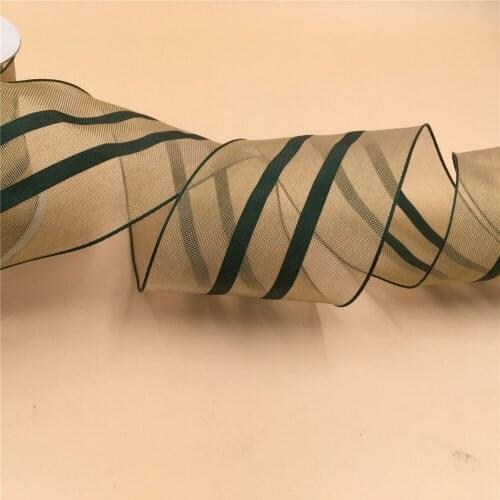 63MM X 25 Yards Wire Edge Organza Gold green stripes metallic Ribbon for Birthday Decoration Gift Wrapping 2-1/2"