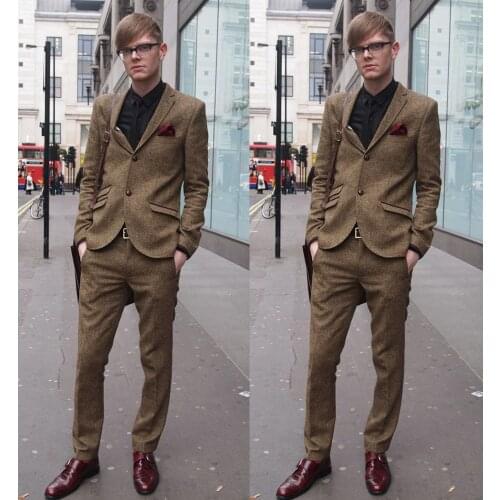 Latest Coat Pant Designs Brown Tweed Men Suit Slim Fit 2 Piece Tuxedo Custom Suits Groom Prom Blazer Terno Masculino Jacket+Pan