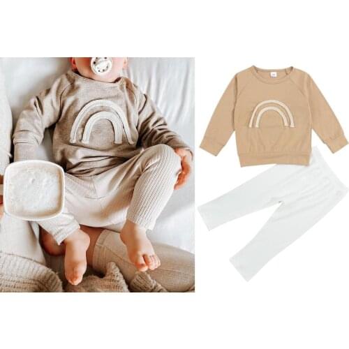 New Children Casual Two-Piece Clothes Set Rainbow Pattern Round Collar Pullover And Solid Color Pants Spring Autumn Winter Daily