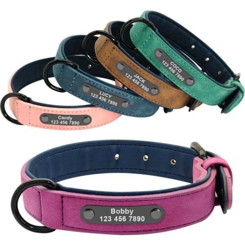 Dog Collar Leather Customized Personalized Dogs Tag Collars Padded Pet Collar for Small Medium Large Dogs Pitbull Buldog