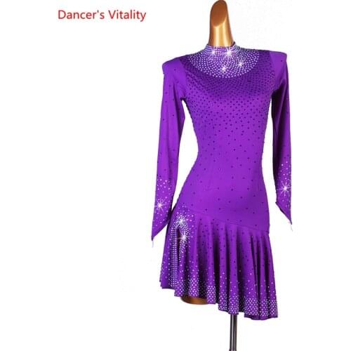 Women Latin Dance Dress Customize Child Adult Rhinestone Long Sleeves Latin Dance Competition Dresses Clothing Kids Dance Wear