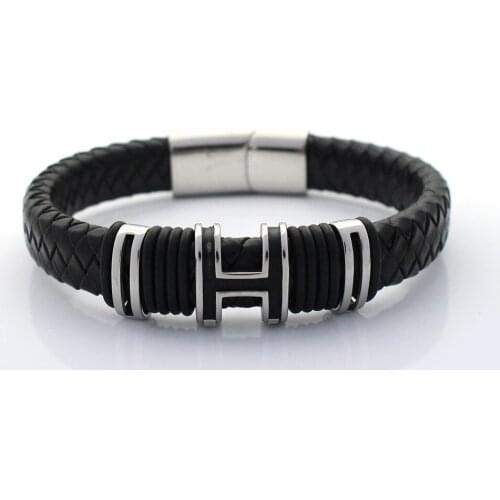 12MM Wide Braided Retro Genuine Leather Bracelet For Men Stainless steel H Bead Bracelets with Magnet Clasp
