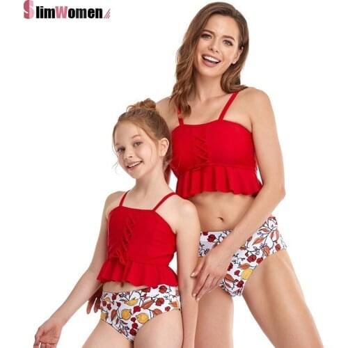 Beach Tankini Swimsuits for Women Summer Bandage Ruffles Bikini Set Swimwear Red Vintage Print Bathing Suits Elegant 2021 Mujer