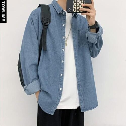 Japan Style Retro Mens Casual Long Sleeve Jean Shirts Spring Autumn Hip Hop Streetwear Loose Solid Oxford Tops
