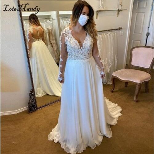 Plus Size Wedding Dresses 2021 Vintage Long Sleeve Chiffon Robe De Mariee Applique Lace Beach Bridal Gowns