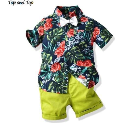 Top and Top Summer Kids Boy Casual Clothes Set Short Sleeve Floral T-shirt+Shorts Baby Boy Beach 2Pcs Gentleman Clothes Suit