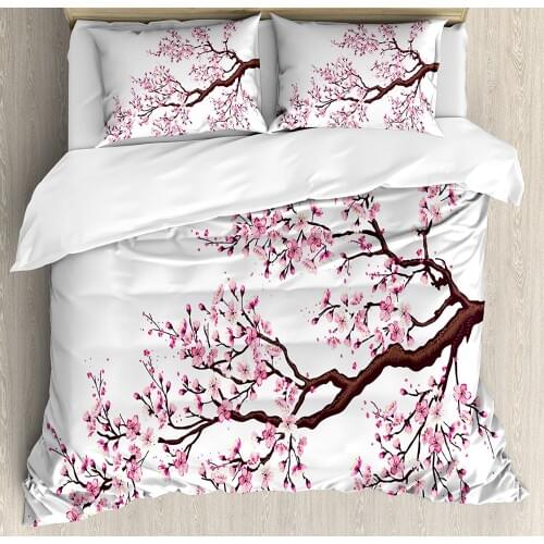 Japanese Duvet Cover Set Branch of a Flourishing Sakura Tree Flowers Cherry Blossoms Spring Theme Art Bedding Set Pink Brown