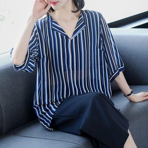 Womens Spring Summer Style Chiffon Blouse Shirt Womens Loose Half Sleeve Striped V-Neck Casual Tops SP1093