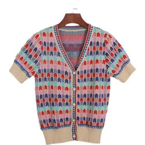 New Gold Thread Knitted Summer Cardigan Women Pearl Button V-neck Short Sleeve Contrast Grid Thin Tops Female Blouses Tshirts