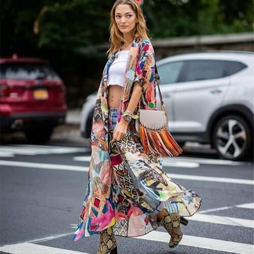 2021 Bohemian Printed Summer Beach Wear Long Kimono Cardigan Cotton Tbeach Dresses And Tunics Shirt Sarong Plage Femme AA5729