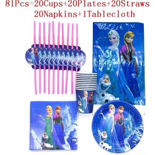 81Pcs/51Pcs Disney Frozen Elsa Anna Design Paper Party Disposable Tableware Sets Kid Birthday Family Party Decoration Supplies