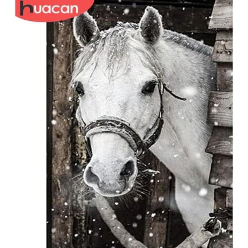HUACAN Diamond Art Painting White Horse Mosaic Animal Home Decor Embroidery Cross Stitch Snow Wall Stickers