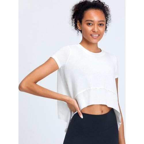 Irregular Hem Slit Workout Clothes Women Loose Breathable Quick-Drying Sports Top Summer Thin Outdoor Running Short Sleeve Shirt