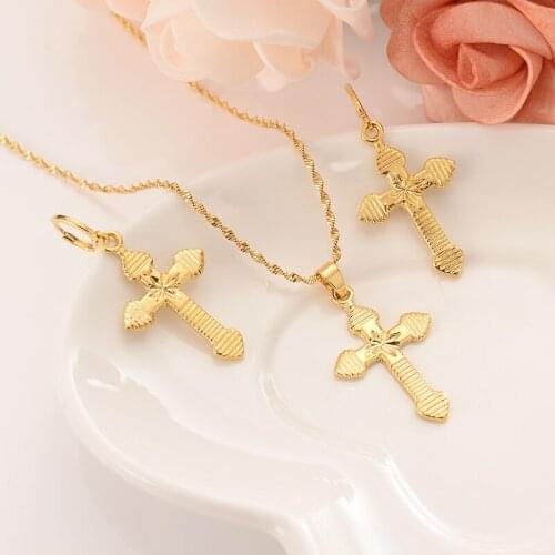 Bamboo cross Necklace Earrings Set Gold Color Catholic Religious wedding bridal Jewelry Set Christmas birthday Gift For Women