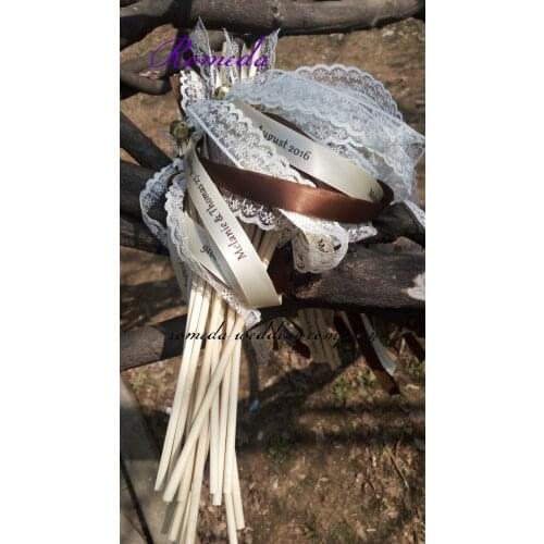 Free Shipping 50pcs/lot Dark brown+Cream Stain Ribbon Lace Personalized Wedding Ribbon Stick/ Ribbon Wands/Twirling Streamers