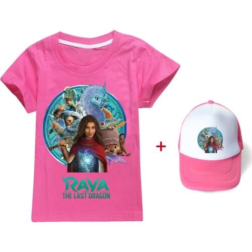 Kids T-shirt for Girls Raya and The Last Dragon Cartoon Tops Cotton Tees Summer Clothes Short Sleeve Children Outfits with Cap