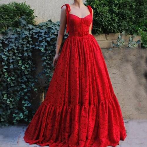 Lace Spaghetti Strap Evening Dress A-Line Sleevess Belt Long Evening Dresses Formal Gowns Vestido de festa Longo robe de soiree
