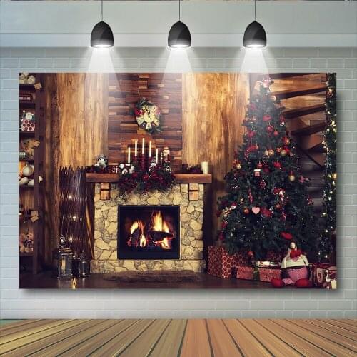 Christmas Trees Themed Photo Background Christmas Wood Floor Backdrop for Photography Fireplace Gifts Children Photoshoot