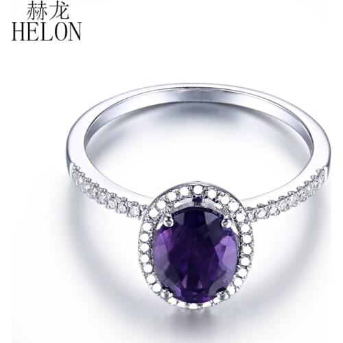 HELON Solid 10K White Gold Flawless Oval 8X6mm Genuine Amethyst Diamonds Engagement Wedding Ring Gemstone Trendy Fine Jewelry