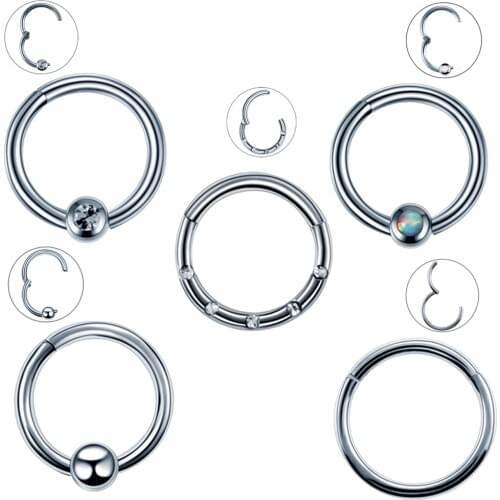 1PC Steel Hinged Segment Septum Clicker Nose Hoop Rings CZ Gem Ear Tragus Lip Piercing Captive Bead Rings For Unisex Jewelry 16G