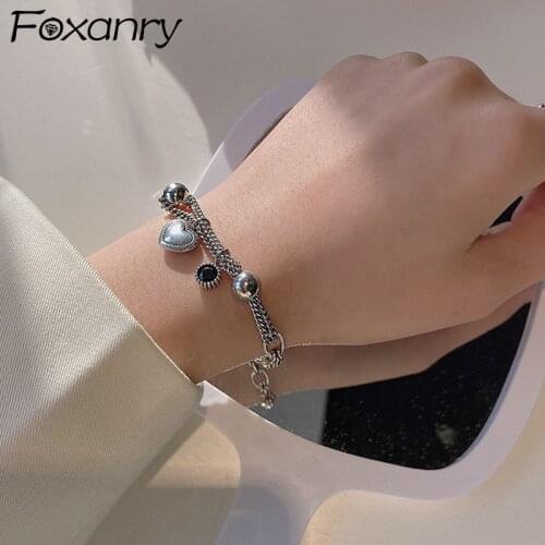 Foxanry 925 Sterling Silver Creative Chain Bracelets for Women New Fashion Punk Vintage LOVE Heart Pendant Party Jewelry Gifts