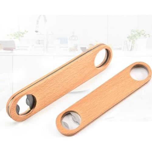 Creative Kitchen Bar Tools Wooden Flat Beer Bottle Opener Wood Handle Stainless Steel Beer Soda Opener LX8710