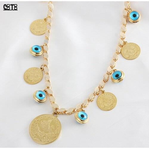 Fashion Islamic Muslim 60cm Coin Lucky Demon Eye Charm Womens Pendant Necklace Girls Best Party Wedding Jewelry Accessories