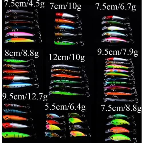 54pcs fishing lure set Mixed models fishing bait 54 colors plastic hard bait fishing tackle pesca minnow fishing wobbler