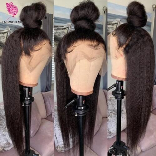 Fantasybeauty Yaki Straight Lace Front Wigs Natural Color Synthetic Long Wigs Heat Resistant Fiber Hair for Black Women 26 Inch