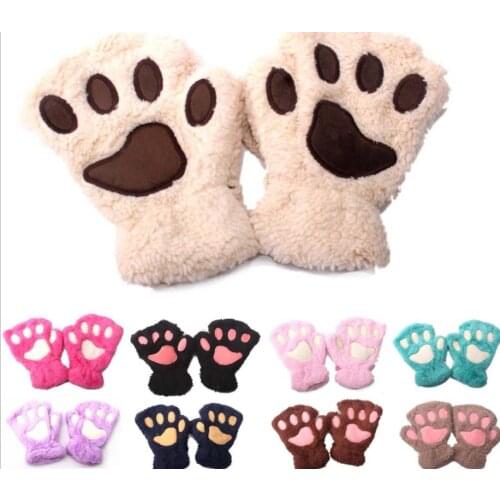 120pair/lot winter warm child kid Fluffy Bear/Cat Plush Paw/Claw Glove soft toweling girls half covered gloves