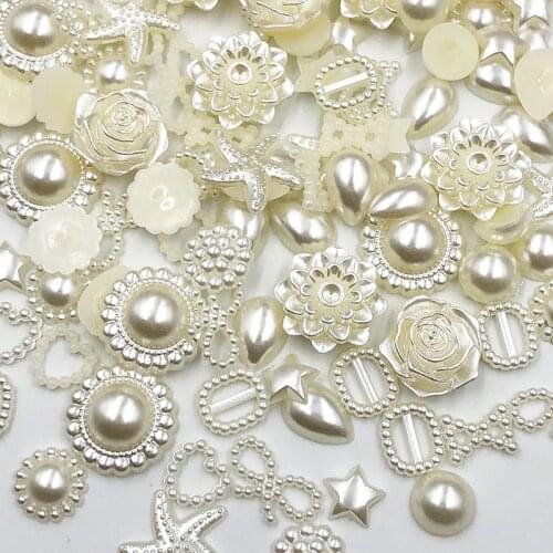 50/100pcs Beige ABS Resin Half Round flower Bow Alien Pearls For Art Flatback Non Hotfix Rhinestones Pearl Shoes Beads DIY Phone