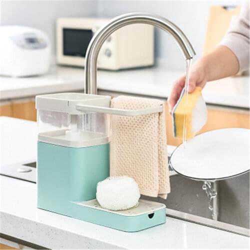 Press Liquid Soap Box Auto Detergent Dispenser Sponge Storage Holder Drain Sink Towel Bar Kitchen Organizer Multifunctional Rack