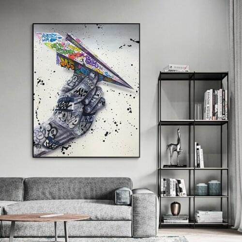 Street Graffiti Art Wall Paintings Canvas Prints Poster Paper Airplane with Hand Picture for Living Room Cuadros Home Decoration