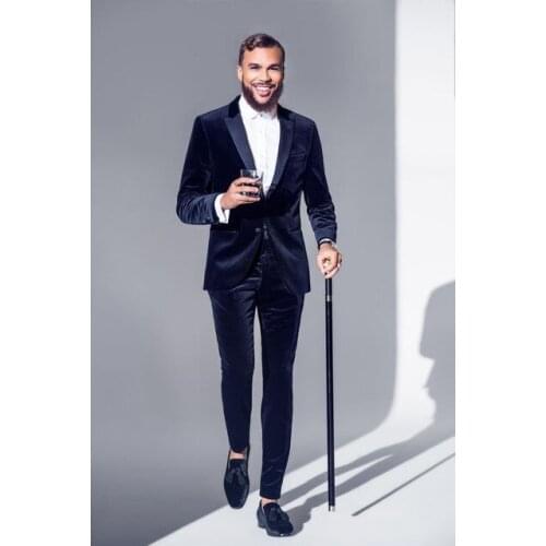 High Quality Blue Velvet Mens Suits Groom Tuxedos Groomsmen Wedding Party Dinner Best Man Suits (Jacket+Pants+Tie)