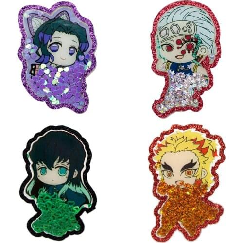 Kimetsu no Yaiba Japanese Cartoon Sequins Acrylic Shakers Liquid Quicksand Flatback Planar Resin Handmade Hair Bows,1Yc15437