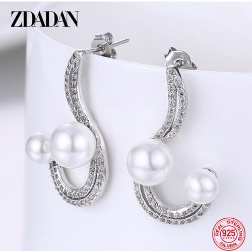 ZDADAN 925 Sterling Silver Charm Pearl Dangle Earrings For Women Fashion Wedding Party Jewelry Gift