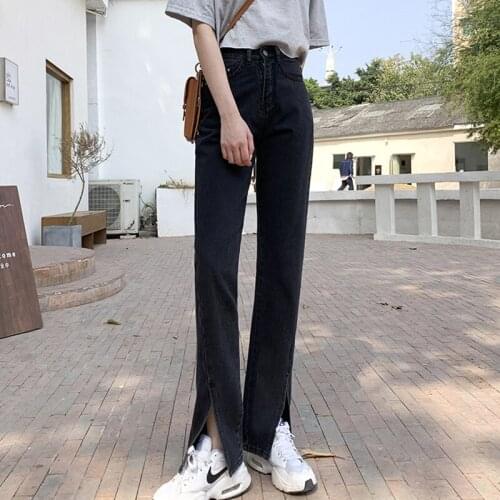 Front Side Slit Women Jeans Blue Black Flare Pants 2021 Autumn High Waist Bell Bottom Jeans Full Length Denim Clothes