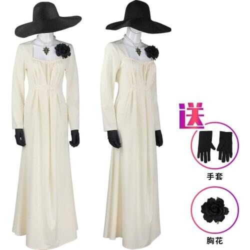 Biohazard Evil Village Lady Alcina Dimitrescu Cosplay Dress Corsage Gloves Necklace Earring Hat Halloween Party Costume
