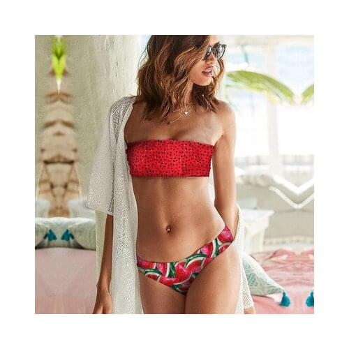 2021 Women Sexy Summer Swimming Suit Print Tube up Two Pieces Bikini Push-Up Swimsuit High Waist Off Shoulder Swimwear Beachwear