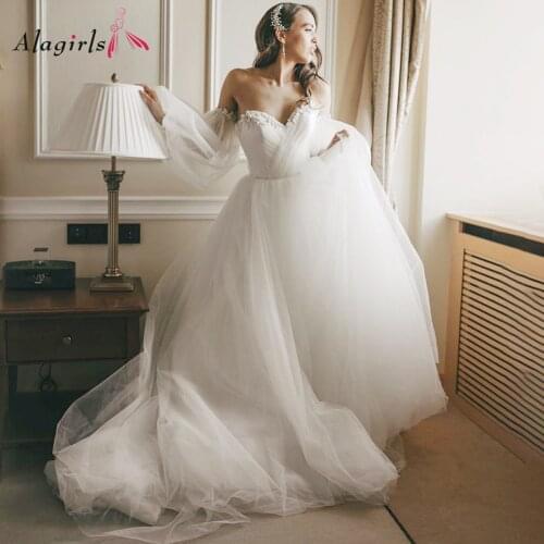 Elegant Strapless Wedding Dress Appliques Sweetheart Lace-up Back Lantern Sleeves Bride Dress White Tulle Robe de mariée