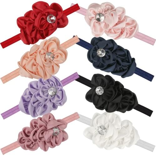 1 PC Satin Flower Headbands Burned Floral Elastic Band Rose Diamond Hairband Handmade Girls Headwear