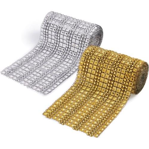 4Yards/Set Gold Silver Color 16 Rows Plastic Bling Diamond Mesh Wrap Crystal Roll Rhinestone Ribbon Trim for Cake Wedding Decor