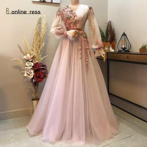 Bbonlinedress Pink Moroccan Evening Dresses 3D Flowers Appliques Long A Line Prom Dress Flounce Sleeve Arabic Muslim Party-Dress